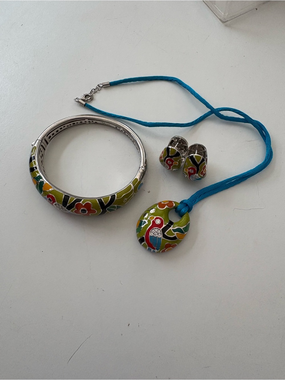 Bella Etoile Sterling Cloisonné Parrot Bracelet, Pendant Necklace & Earring Set